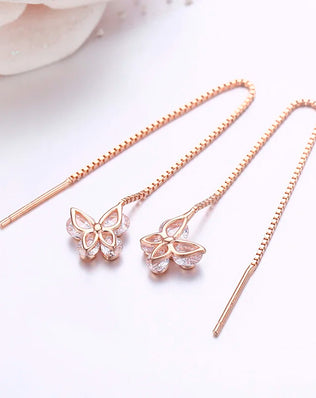 Cute 925 Sterling Silver Rose Gold Color CZ Butterfly Theader Through Chain Tassels Drop Dangle Earrings For Women Girls Jewelry