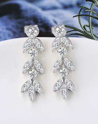 Quality Moissanite and CZ Drop Earrings, Leaf-Shape, 925 Sterling Silver with Gold Plated Option