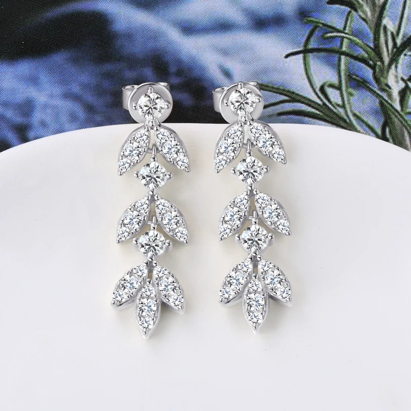 Quality Moissanite and CZ Drop Earrings, Leaf-Shape, 925 Sterling Silver with Gold Plated Option