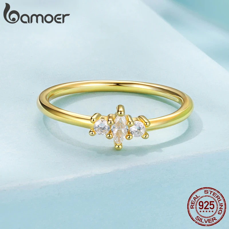 BAMOER 925 Sterling Silver, Gold Plated Ring With  Marquise Style CZ, Stackable Rings