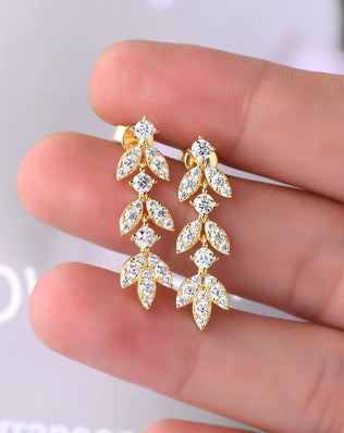 Quality Moissanite and CZ Drop Earrings, Leaf-Shape, 925 Sterling Silver with Gold Plated Option