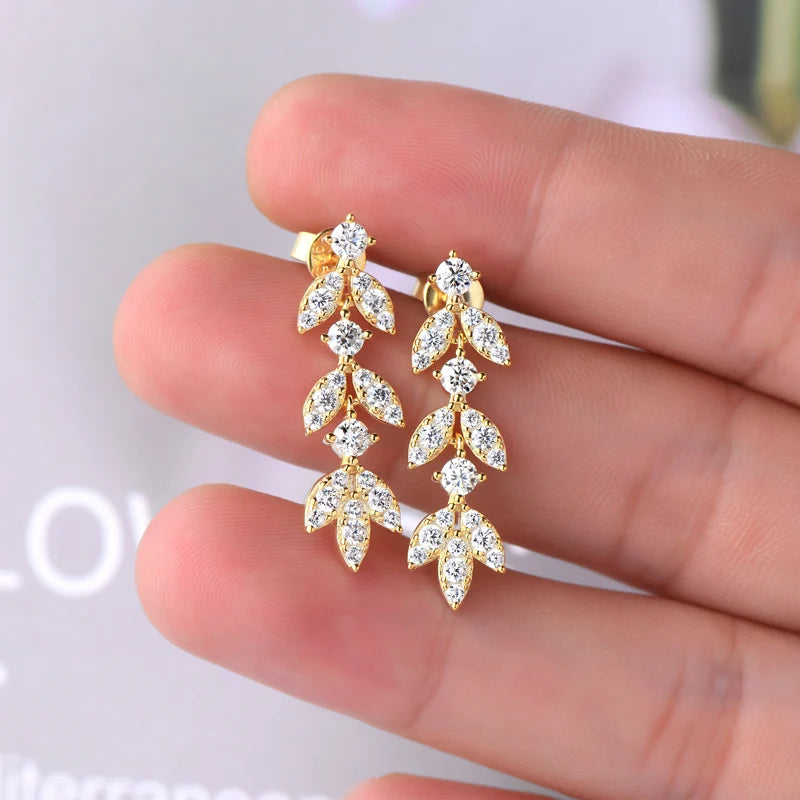 Quality Moissanite and CZ Drop Earrings, Leaf-Shape, 925 Sterling Silver with Gold Plated Option