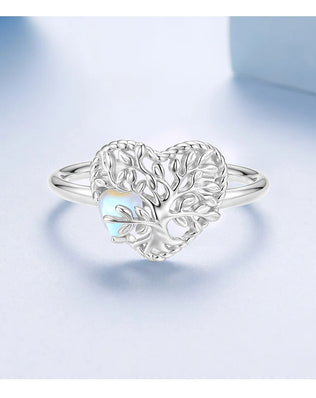 BAMOER 925 Filigree Heart-Shaped Tree of Life Open Ring, with Moonstone