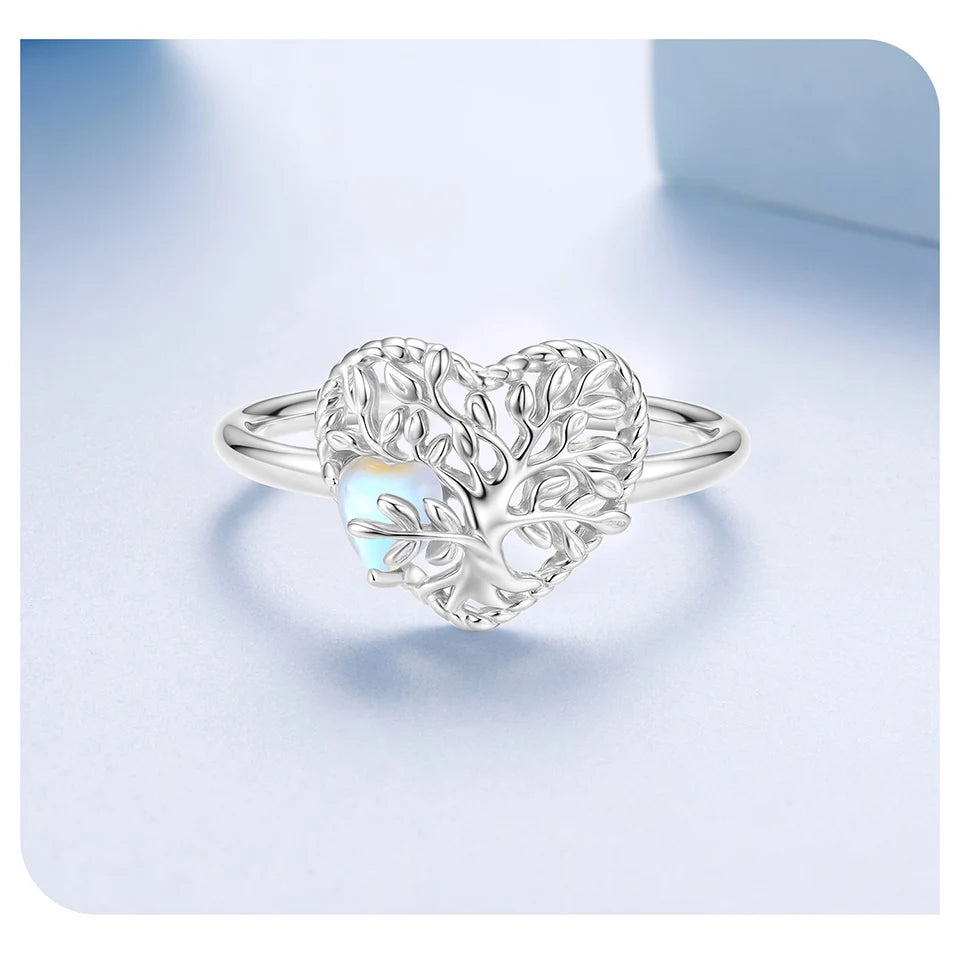 BAMOER 925 Filigree Heart-Shaped Tree of Life Open Ring, with Moonstone