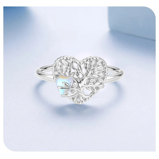 BAMOER 925 Filigree Heart-Shaped Tree of Life Open Ring, with Moonstone