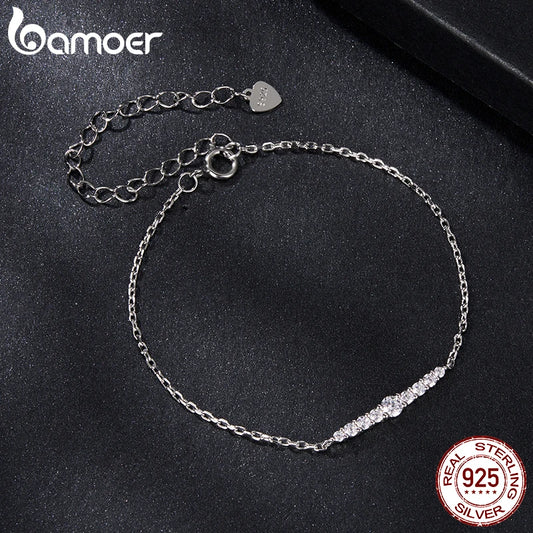 BAMOER - 7 Glittering Moissanite Diamonds Adorn this Sterling Silver Chain Bracelet, Plated with White Gold