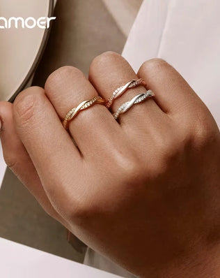 BAMOER 925 Sterling Silver Twisted Half Eternity Ring, Set with Tiny Zircons