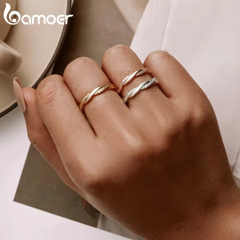BAMOER 925 Sterling Silver Twisted Half Eternity Ring, Set with Tiny Zircons