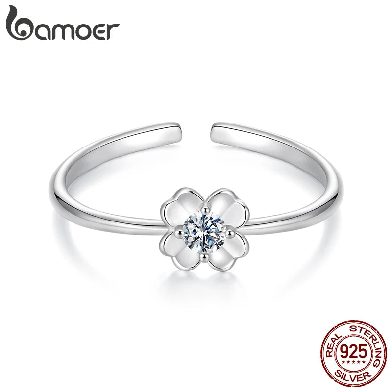 BAMOER 925 Sterling Silver Four-leaf Clover Moissanite Open Ring, D Colour Lab Diamond