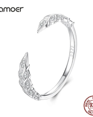 Bamoer 925 Sterling Silver Open Ring, Adjustable, Wheat Ear/Feather Shape With Pave Set CZs