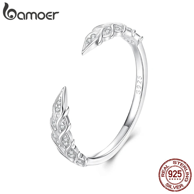Bamoer 925 Sterling Silver Open Ring, Adjustable, Wheat Ear/Feather Shape With Pave Set CZs