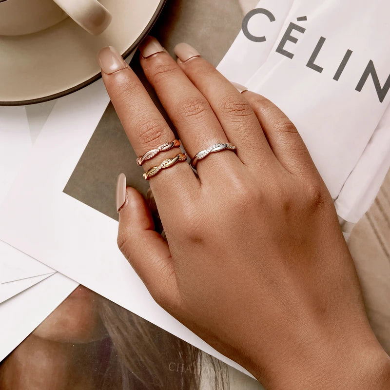 BAMOER 925 Sterling Silver Twisted Half Eternity Ring, Set with Tiny Zircons