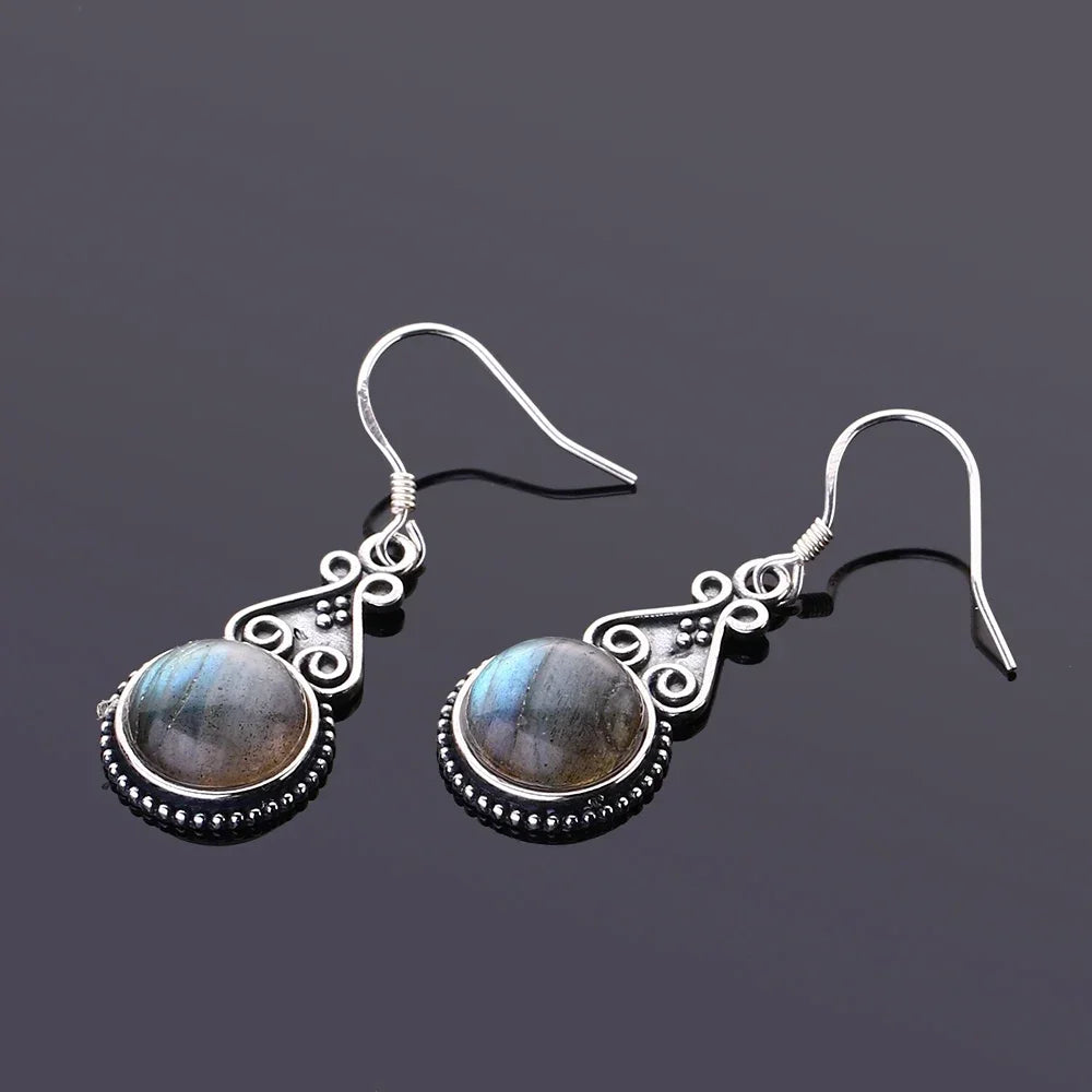 S925 Silver Drop Earring 10MM Labradorite Multicolor Pendant Earrings Engagement Wedding Women Fine Jewelry