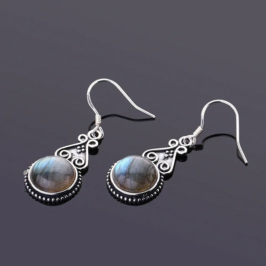 S925 Silver Drop Earring 10MM Labradorite Multicolor Pendant Earrings Engagement Wedding Women Fine Jewelry