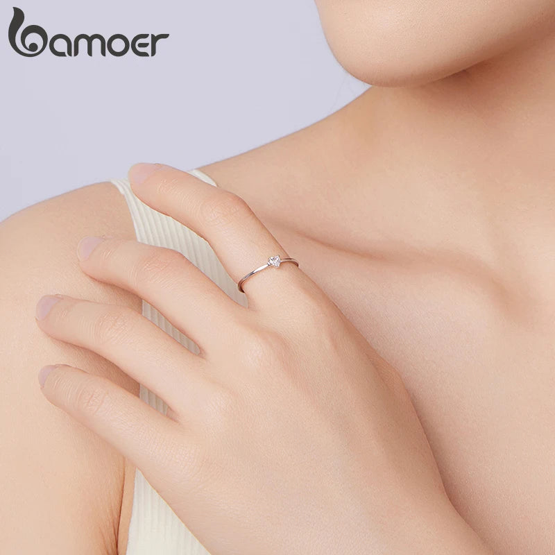 BAMOER Solid 925 Sterling Silver Mini Heart Ring, Gold Plated, With Pavé CZ, 2 Styles