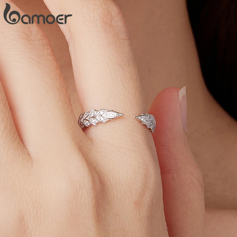 Bamoer 925 Sterling Silver Open Ring, Adjustable, Wheat Ear/Feather Shape With Pave Set CZs