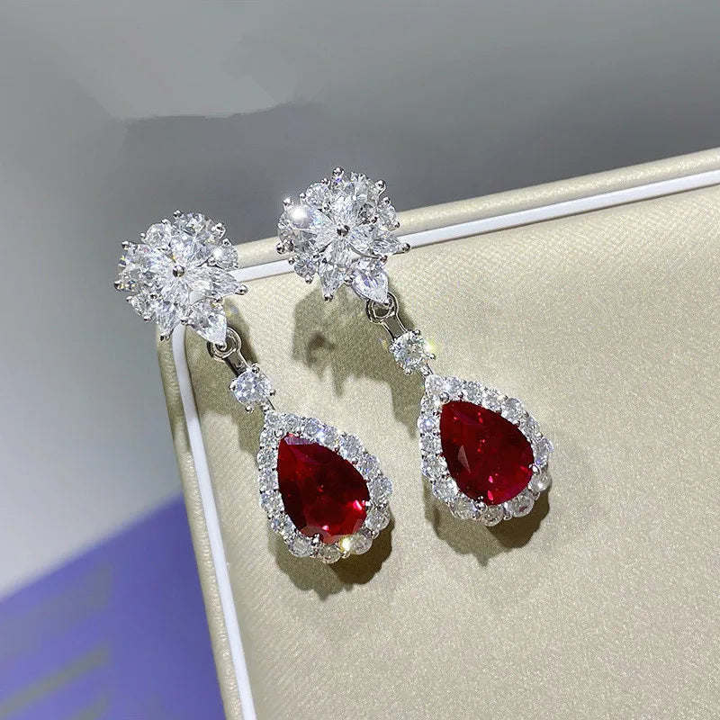 925 Silver Red Cubic Zirconia Hanging Earrings for Women Gorgeous Ear Accessories Wedding Party Aesthetic Earrings New Jewelry