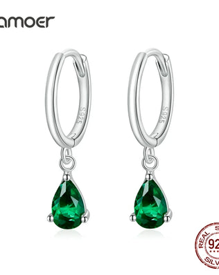 BAMOER Silver ISHWAR Green Water Drop Earrings 925 Sterling Silver 4 Colors Drop Shape Earring for Women Statement  Jewelry