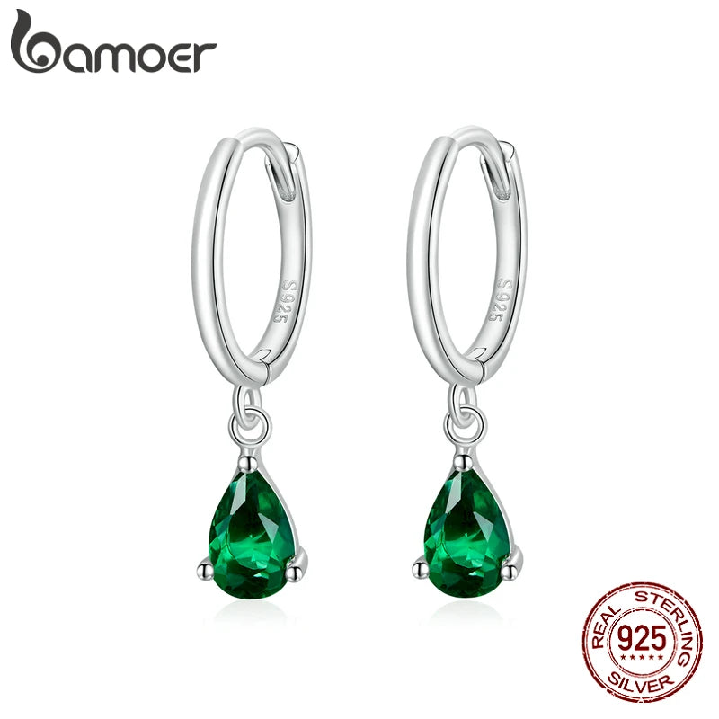 BAMOER Silver ISHWAR Green Water Drop Earrings 925 Sterling Silver 4 Colors Drop Shape Earring for Women Statement  Jewelry