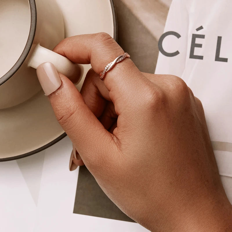 BAMOER 925 Sterling Silver Twisted Half Eternity Ring, Set with Tiny Zircons