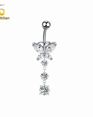 G23 Titanium Barbell Navel Piercing with Cute Crystal CZ Butterfly and Droplets