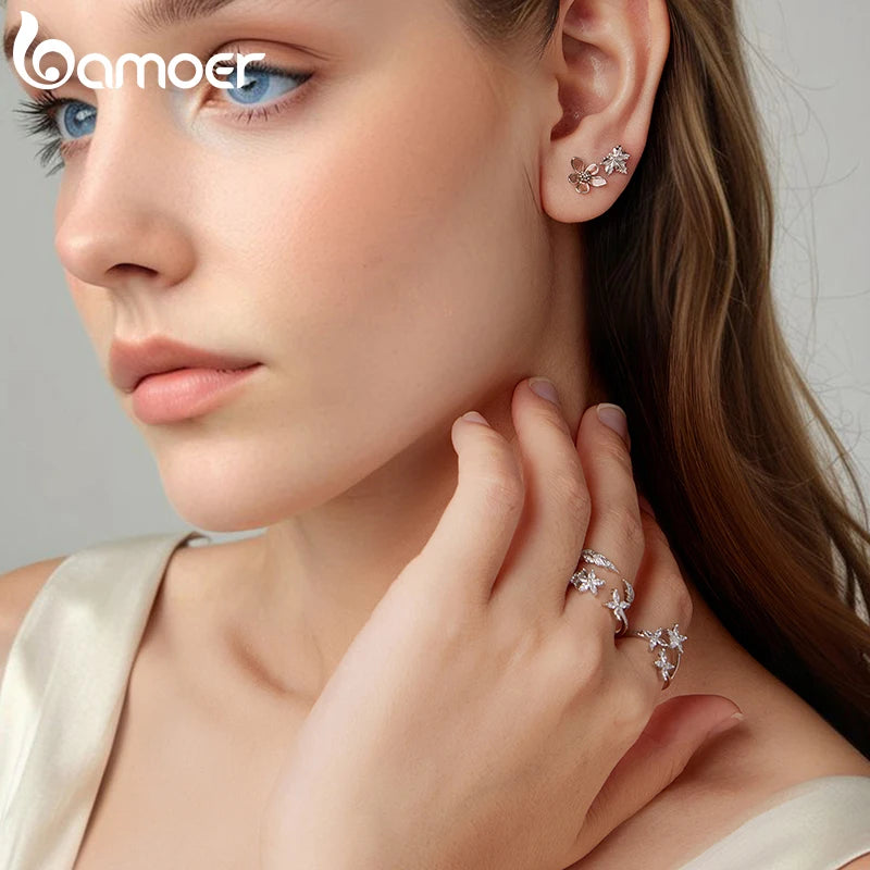 Bamoer 925 Sterling Silver Open Ring, Adjustable, Wheat Ear/Feather Shape With Pave Set CZs