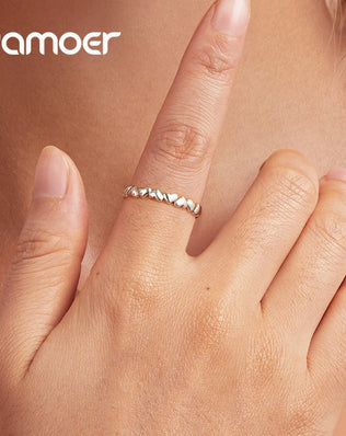 BAMOER 925 Sterling Silver Heart Ring, Adjustable, Stackable, Minimalist Fine Jewellery