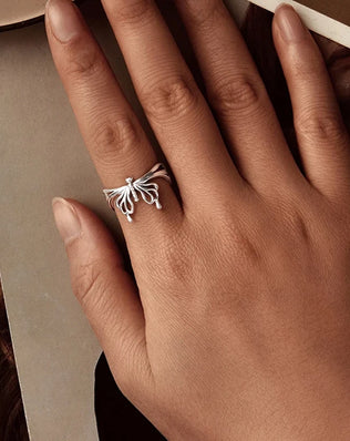 BAMOER Solid 925 Sterling Silver Adjustable Ring, Beautiful Butterfly Open Ring