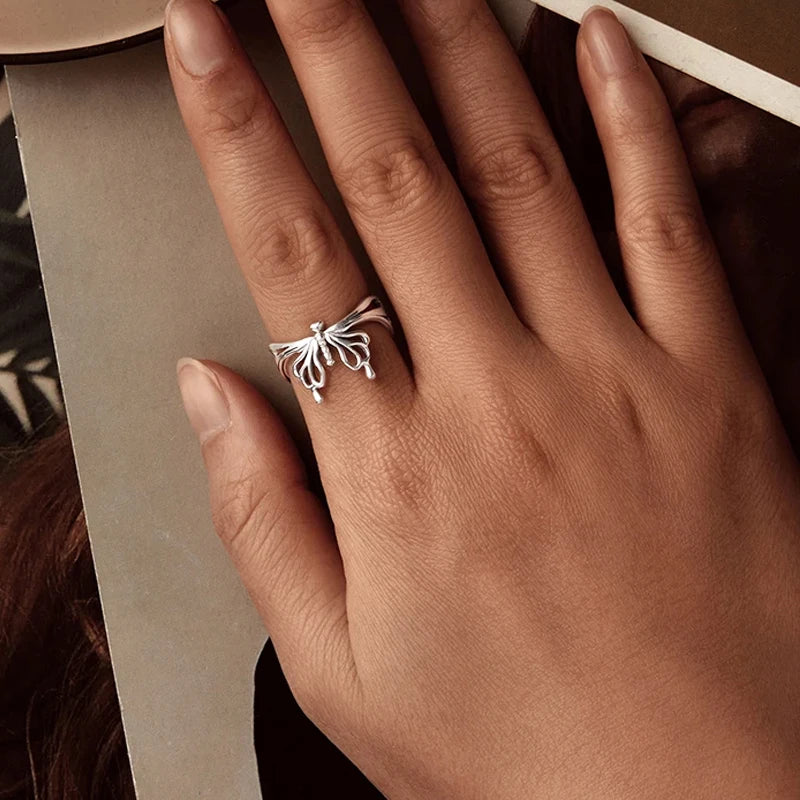 BAMOER Solid 925 Sterling Silver Adjustable Ring, Beautiful Butterfly Open Ring