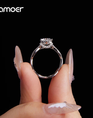 BAMOER 925 Sterling Silver Twist Solitaire Ring with 1CT Moissanite Diamond and Tiny Pave Set CZs