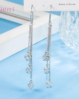 925 Sterling Silver Jewelry New Fashion Hot Sale Square Cube Cubic Zircon Stone Tassel Pendientes Earrings for Women Girls