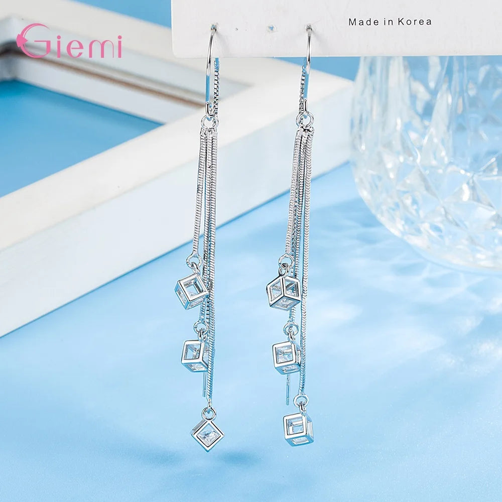 925 Sterling Silver Jewelry New Fashion Hot Sale Square Cube Cubic Zircon Stone Tassel Pendientes Earrings for Women Girls