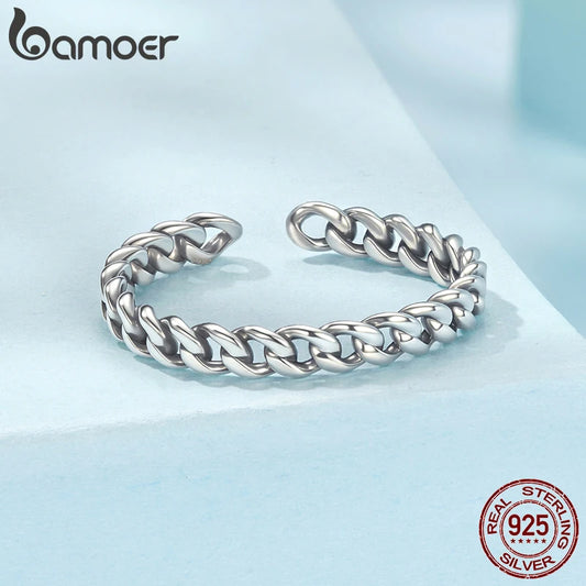 BAMOER Solid 925 Sterling Silver Cuban Link Band, Resizeable