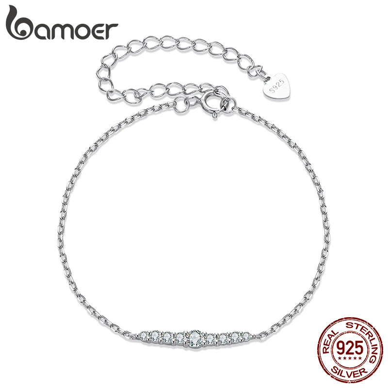 BAMOER - 7 Glittering Moissanite Diamonds Adorn this Sterling Silver Chain Bracelet, Plated with White Gold