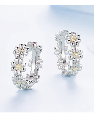 Bamoer 925 Sterling Silver Daisy Jewellery Set, Open Ring & Hoop Huggies Earrings