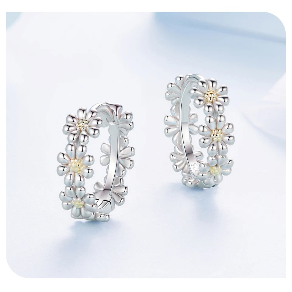 Bamoer 925 Sterling Silver Daisy Jewellery Set, Open Ring & Hoop Huggies Earrings