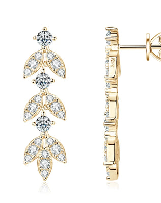 Quality Moissanite and CZ Drop Earrings, Leaf-Shape, 925 Sterling Silver with Gold Plated Option