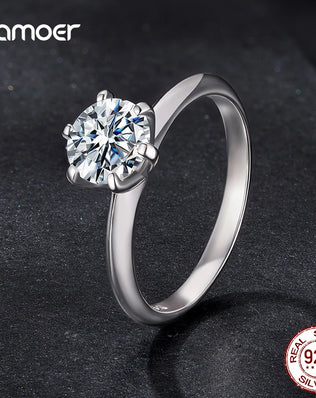 BAMOER 925 Sterling Silver Ring with 1CT, 65mm Solitaire Moissanite Diamond