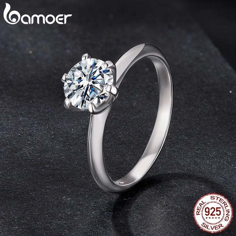BAMOER 925 Sterling Silver Ring with 1CT, 65mm Solitaire Moissanite Diamond