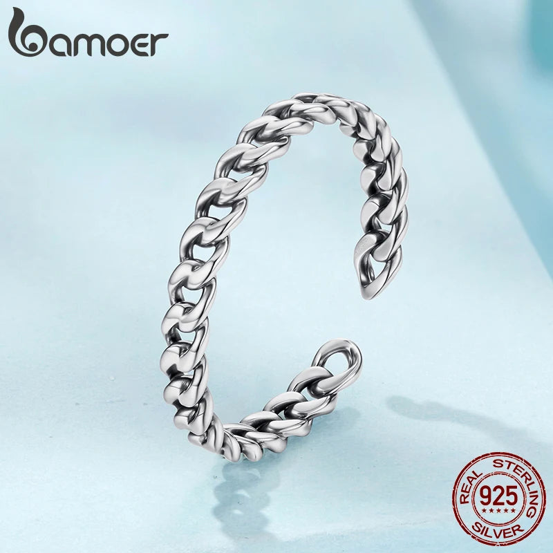 BAMOER Solid 925 Sterling Silver Cuban Link Band, Resizeable