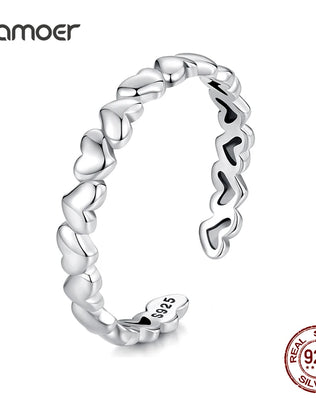 BAMOER 925 Sterling Silver Heart Ring, Adjustable, Stackable, Minimalist Fine Jewellery