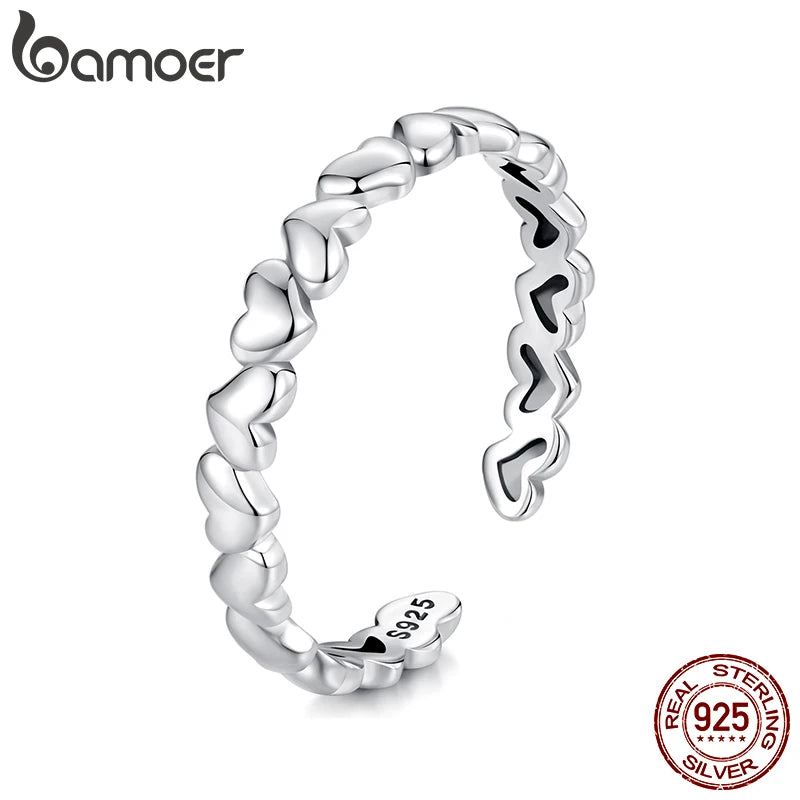 BAMOER 925 Sterling Silver Heart Ring, Adjustable, Stackable, Minimalist Fine Jewellery