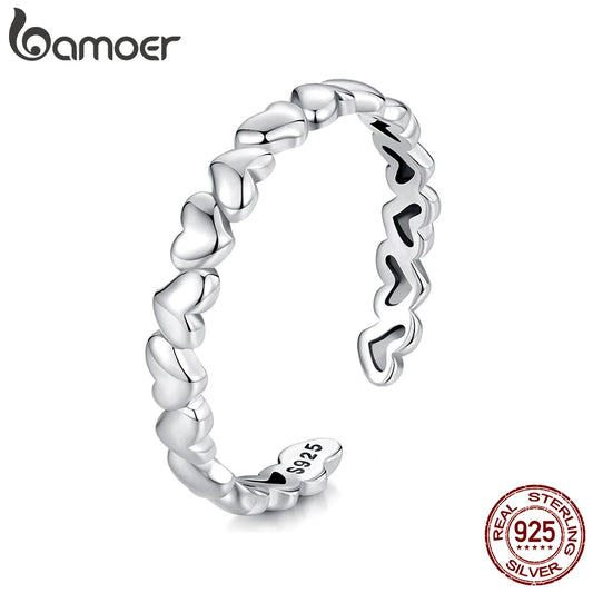BAMOER 925 Sterling Silver Heart Ring, Adjustable, Stackable, Minimalist Fine Jewellery