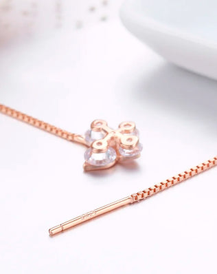 Cute 925 Sterling Silver Rose Gold Color CZ Butterfly Theader Through Chain Tassels Drop Dangle Earrings For Women Girls Jewelry