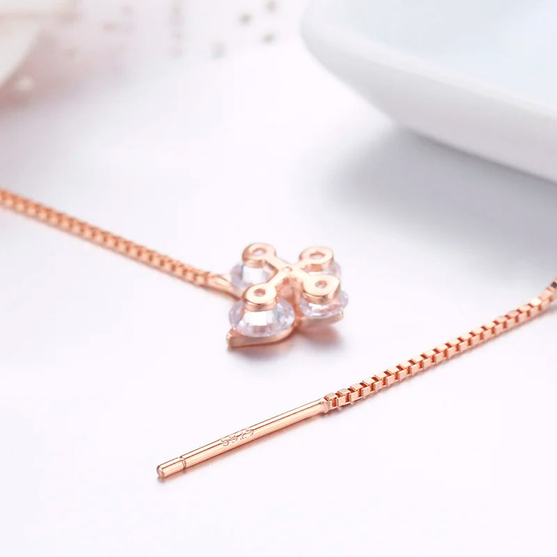 Cute 925 Sterling Silver Rose Gold Color CZ Butterfly Theader Through Chain Tassels Drop Dangle Earrings For Women Girls Jewelry