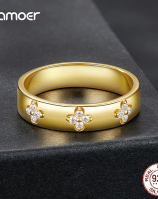 BAMOER Lucky Clover Band, S925 Gold Plated with Tiny Moissanites in Clusters of 4.  Unusual, Stylish Commitment Ring
