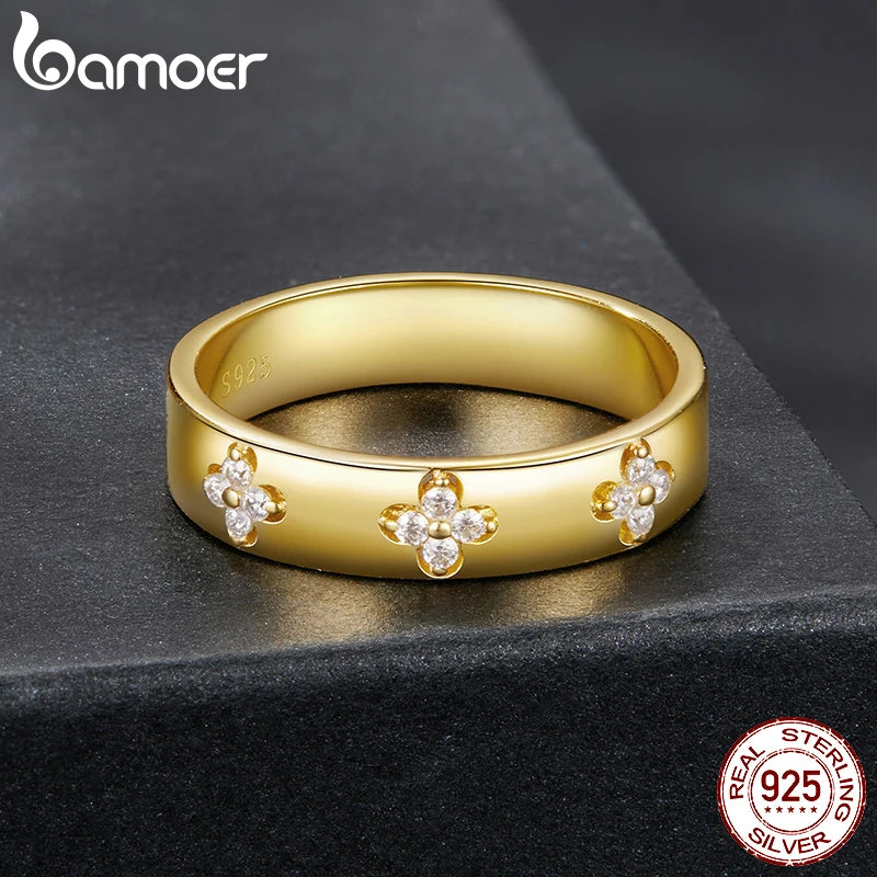 BAMOER Lucky Clover Band, S925 Gold Plated with Tiny Moissanites in Clusters of 4.  Unusual, Stylish Commitment Ring