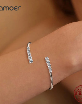 BAMOER 925 Sterling Silver Cuff Bangle, Plated with White Gold and Set with 3.6CTTW Moissanite Diamonds