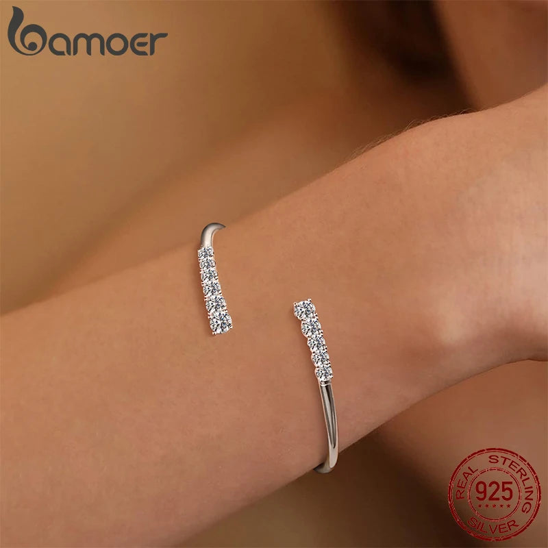 BAMOER 925 Sterling Silver Cuff Bangle, Plated with White Gold and Set with 3.6CTTW Moissanite Diamonds