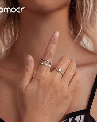 BAMOER Solid 925 Sterling Silver Heart Ring, Resizable, Minimalist, Stacking Ring